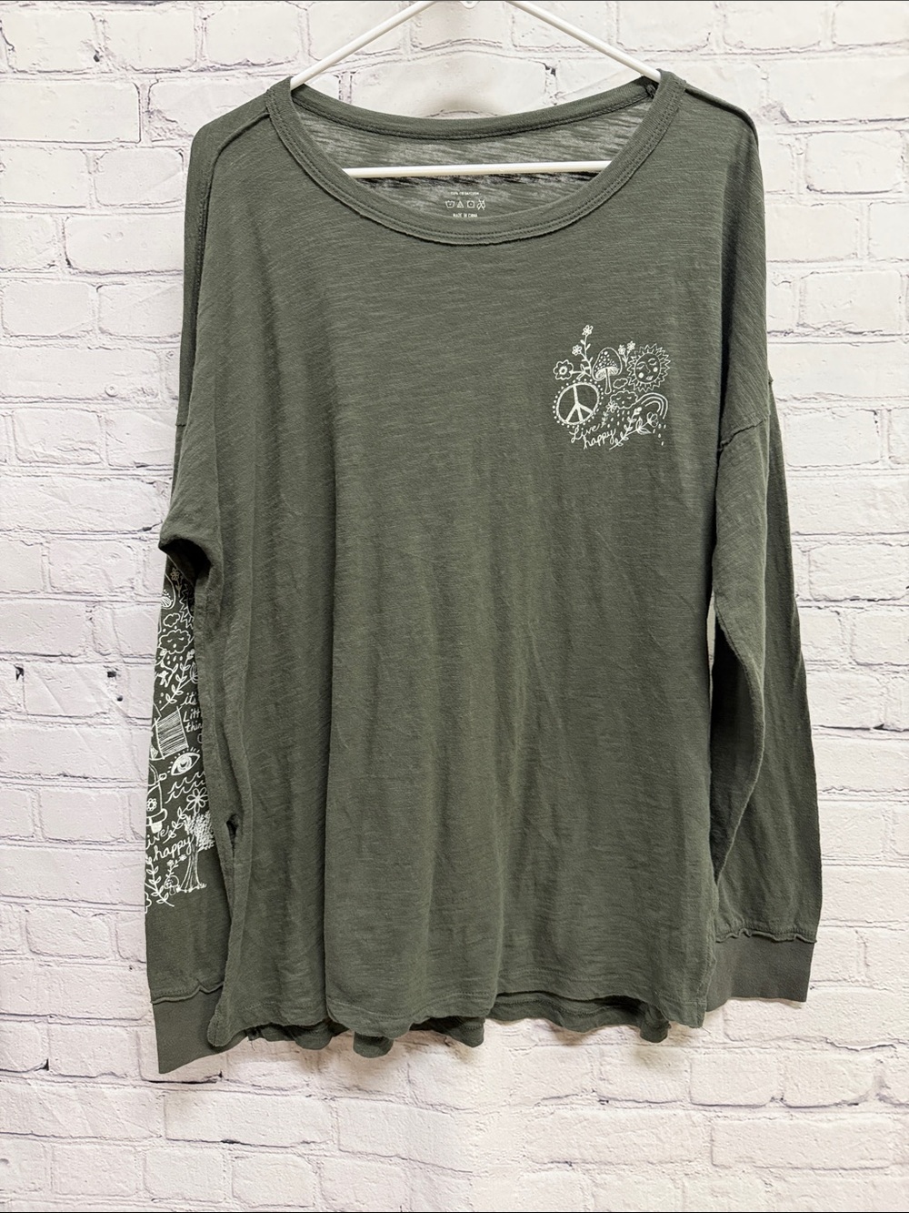 Natural Life Oversized Cotton Doodle Tee Womens medium Mushroom Boho Hippie Slub